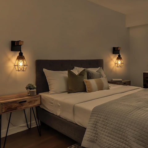 Vintage Industrial Wall Lights with Wood Arm 2 Pack