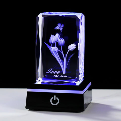 3D Crystal Tulip with Butterfly Keepsake and LED Light Base, Romantic Floral Gift for Her
