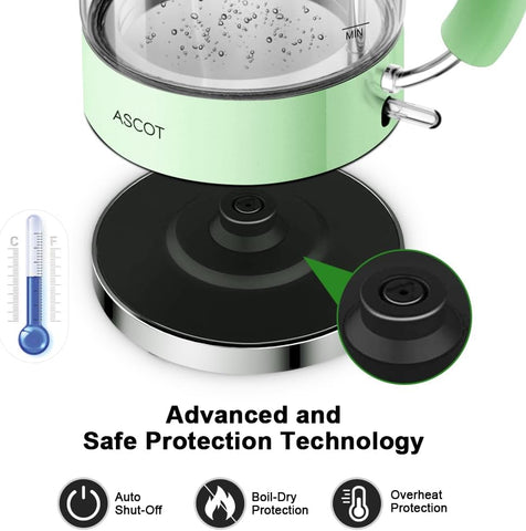 1.5L Glass Electric Kettle – Fast Boil Tea Heater & Hot Water Boiler, BPA-Free, Auto Shut-Off & Boil-Dry Protection – Green
