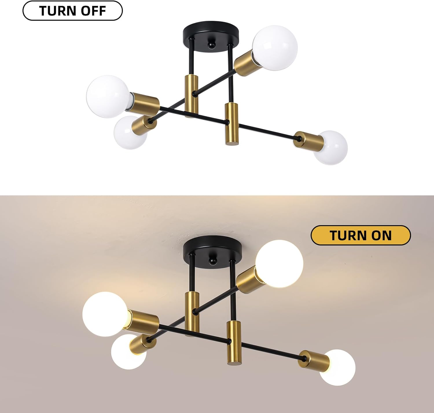 Modern ceiling light fixture with black and gold design on a white background.