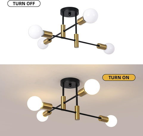 Modern ceiling light fixture with black and gold design on a white background.
