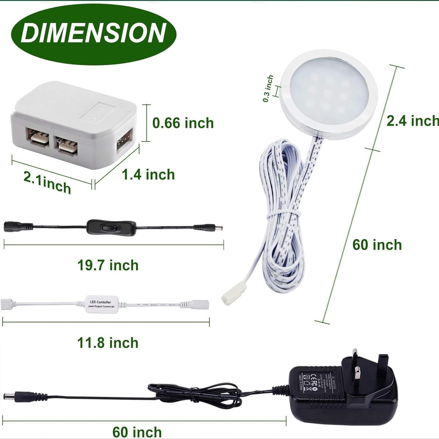 Dimensions of electronic components including a power adapter, USB hub, and LED light on a white background.