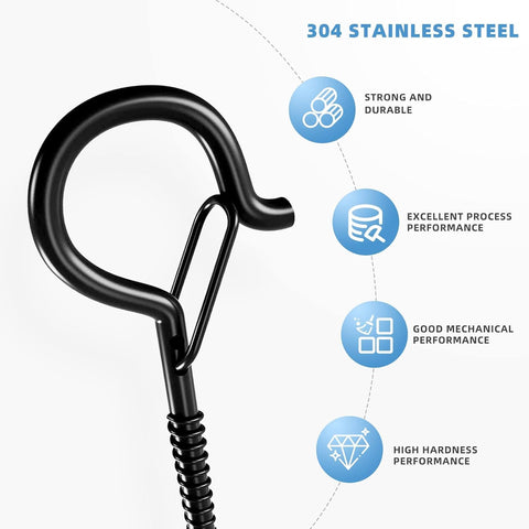 Esteopt 8 Pack Black Q-Hanger Screw-In Hooks with Safety Buckles – Steel Ceiling and Wall Hooks for Outdoor String Lights, Plants, Bird Feeders & Christmas Decorations
