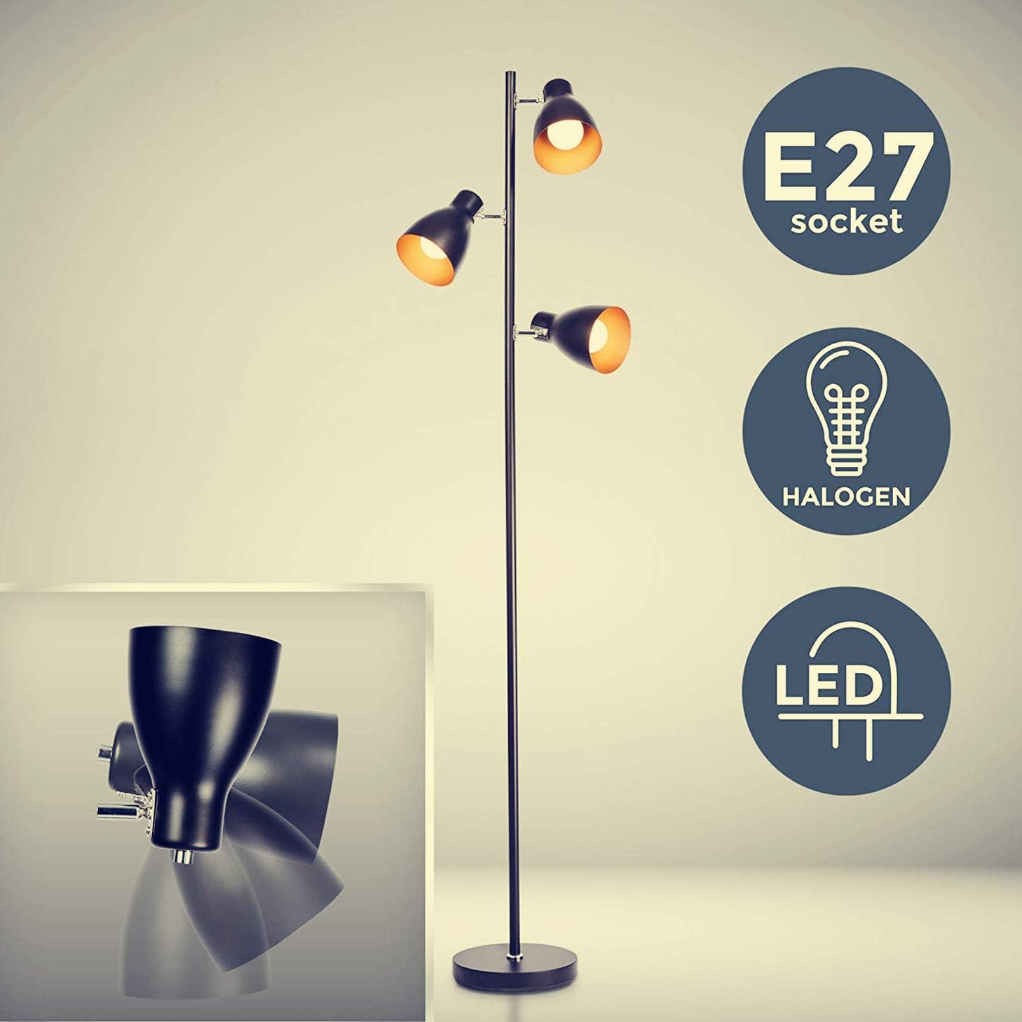 Floor lamp with three light bulbs and icons indicating E27 socket, halogen, and LED compatibility on a beige background.