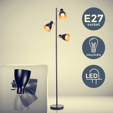 Floor lamp with three light bulbs and icons indicating E27 socket, halogen, and LED compatibility on a beige background.