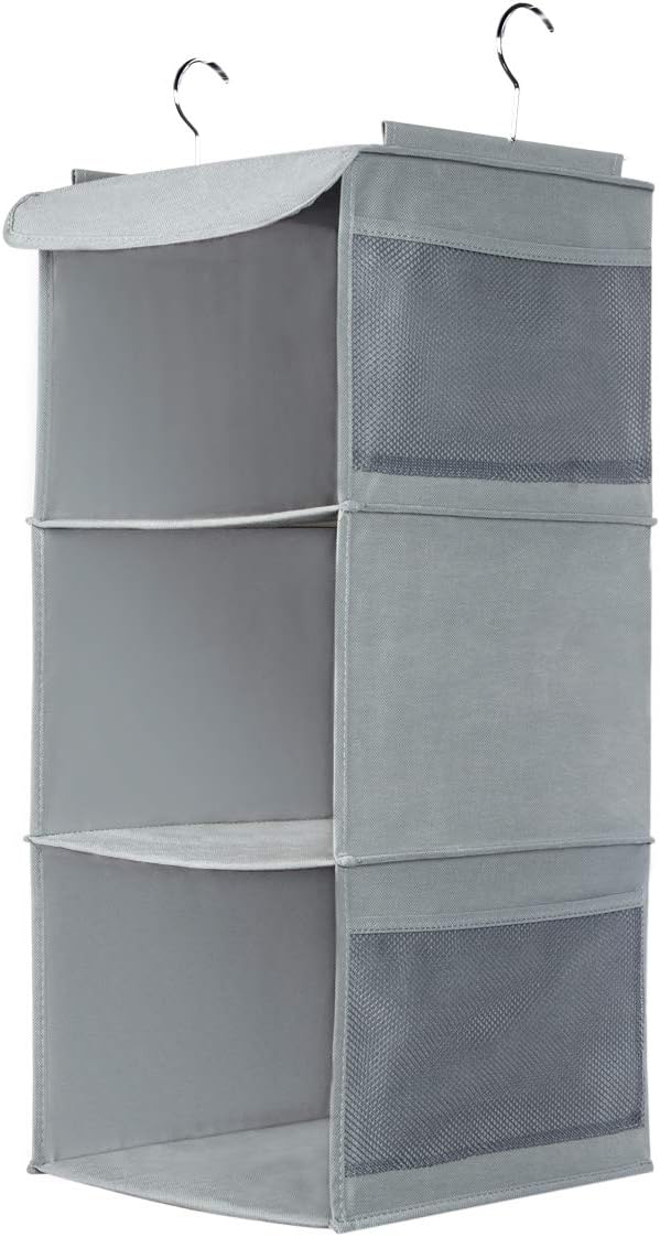 BrilliantJo Hanging Storage with 3 Shelves Wardrobe Closet Organiser, Storage Shelves Unit with 4 Pockets for Clothes Bag Shoes - Grey(30 x 30 x 60cm)