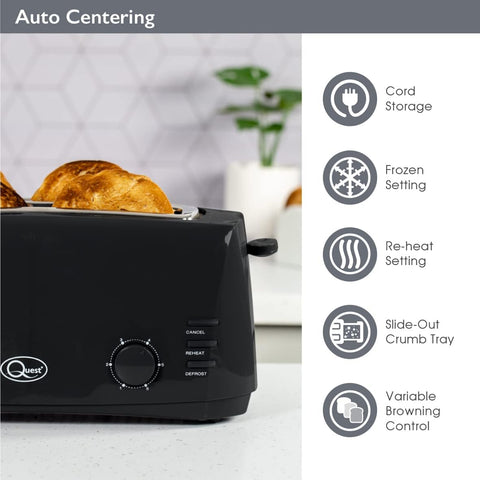 4 Slice Black Toaster – Extra Wide Long Slots for Crumpets & Bagels – 6 Browning Settings – Reheat & Defrost Function