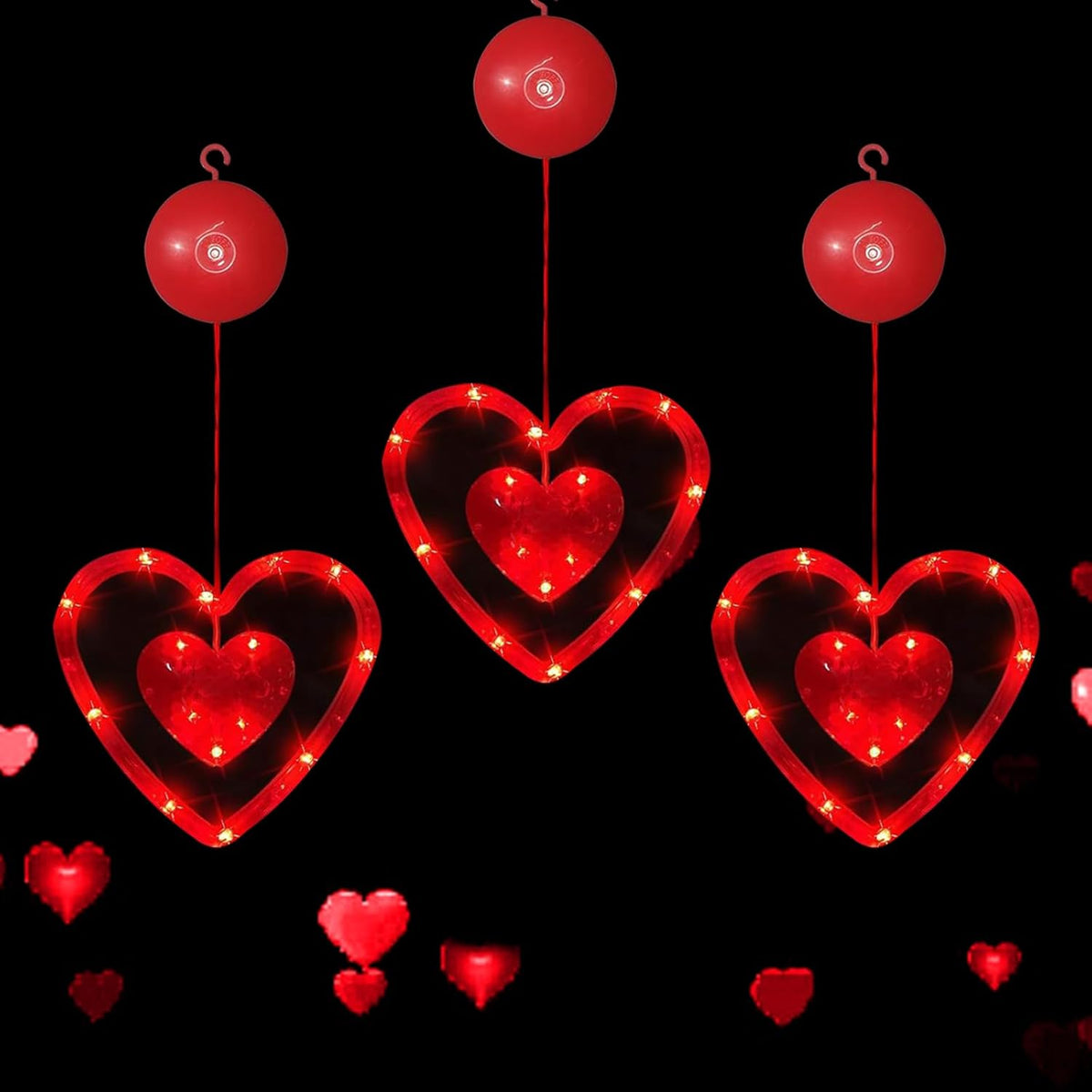 Valentine’s Day Decorative Window Lights, 3PCS Red Heart Shaped LED Hanging Window Curtain Lights, Battery Operated with Suction Cups for Wedding & Anniversary Décor