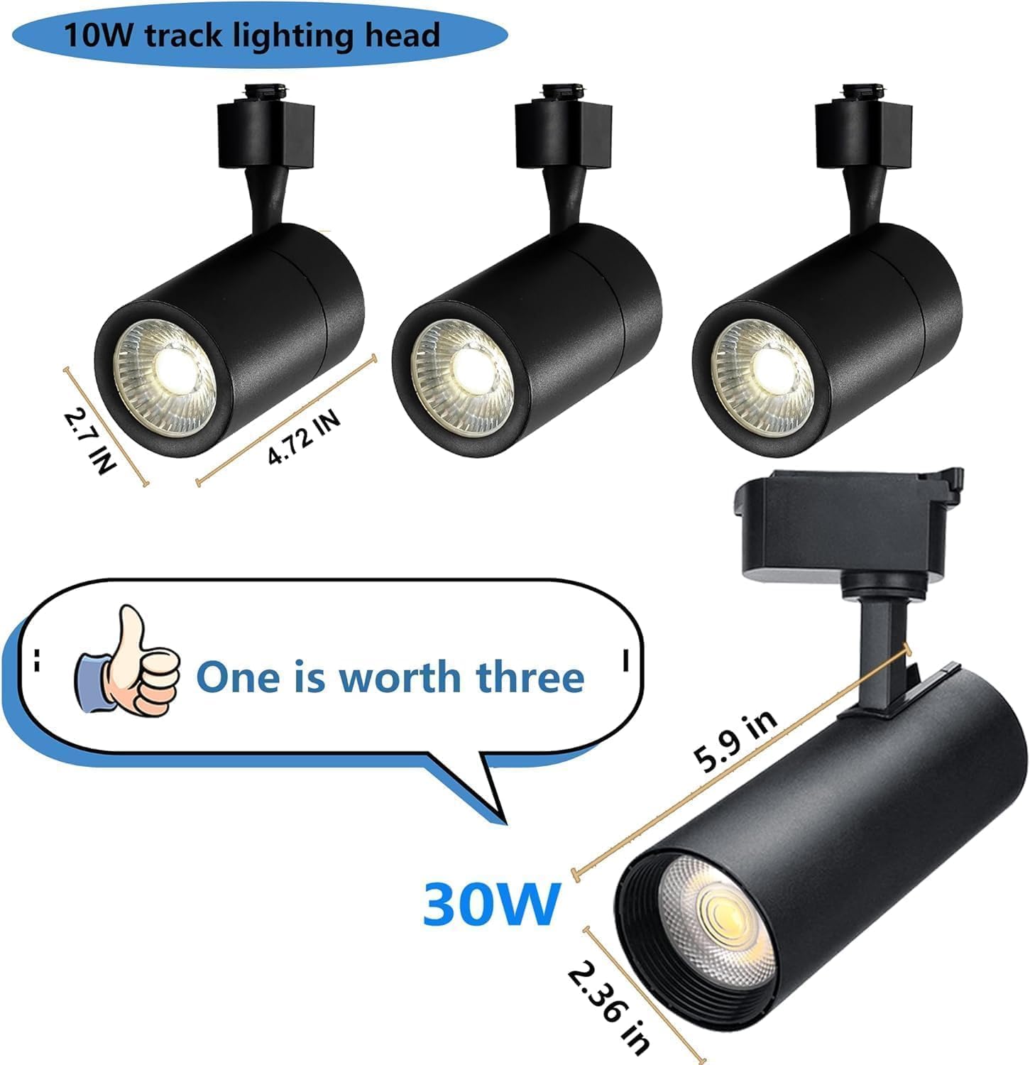 Three black track lighting heads with measurements and a comparison to a 30W light bulb.