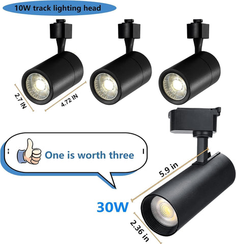 Three black track lighting heads with measurements and a comparison to a 30W light bulb.