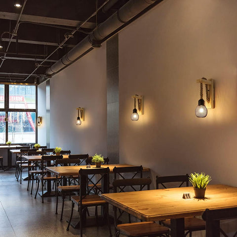 Wooden Wall Light with Hemp Rope, Industrial Wall Sconce Light Indoor, Metal Black Wall Lamp with E27 Socket for Living Room, Bedroom, Hallway, Corridor, Cafe Bar