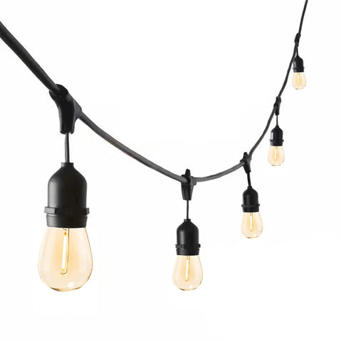 Shatterproof G40 LED bulbs on black string wire

