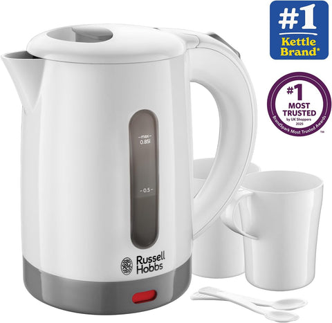 Electric 0.85L Travel Kettle Compact Dual Voltage with Cups & Spoons