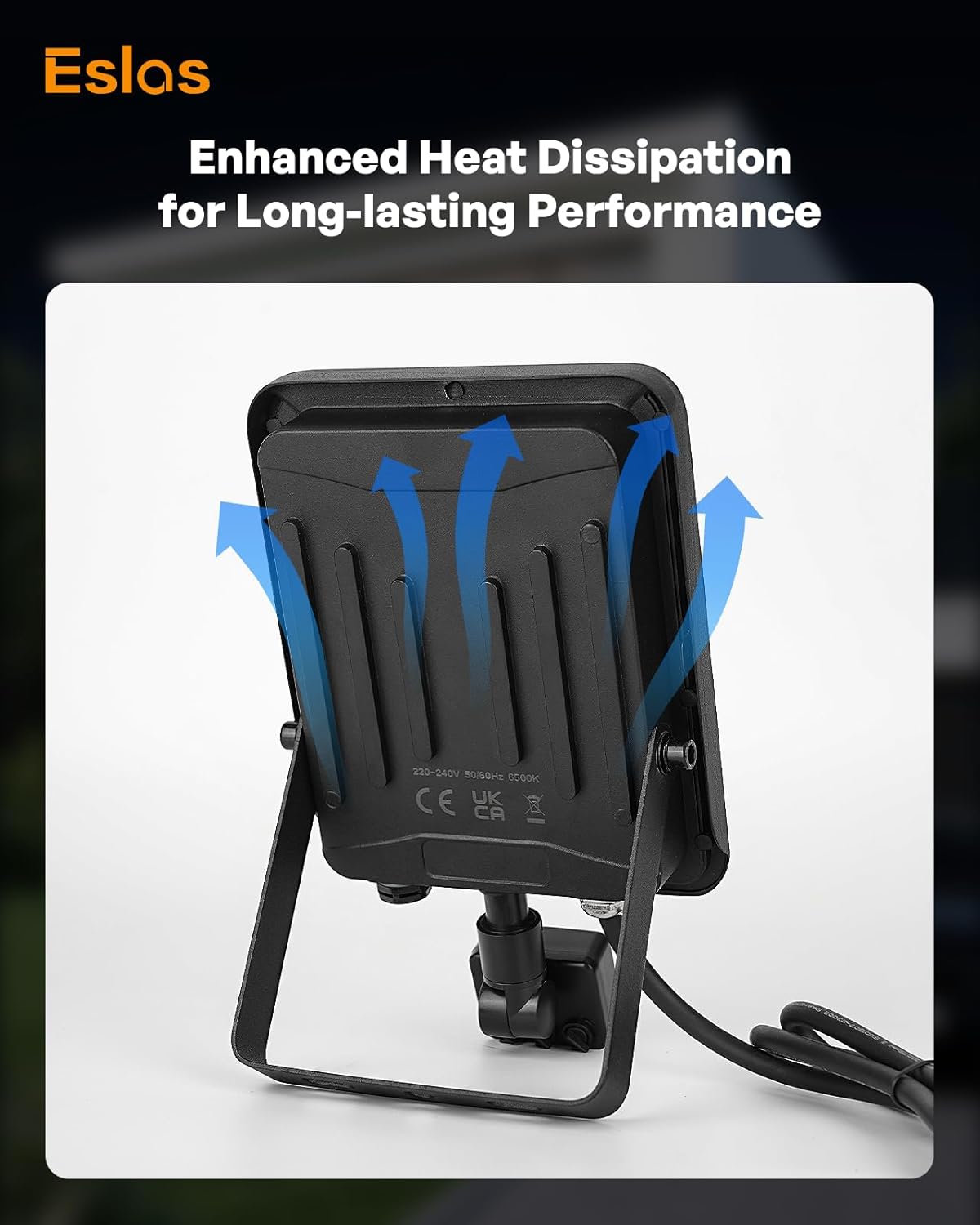 Black outdoor light fixture with blue arrows indicating heat dissipation on a white background, featuring the brand 'Eslas'.