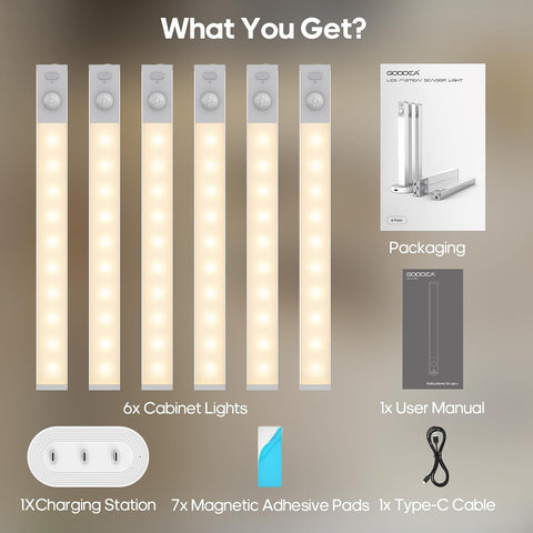 GOODEA Small Wardrobe Lights Motion Sensor with Charging Station 18cm, 6pcs – Rechargeable LED Cabinet & Under Cupboard Lights, 3000K Warm White - Let Dark Corners Switch On When You Need Them