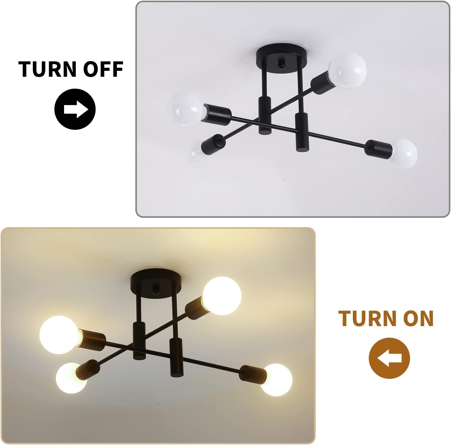 Ceiling light fixture with 'Turn Off' and 'Turn On' labels on a white background