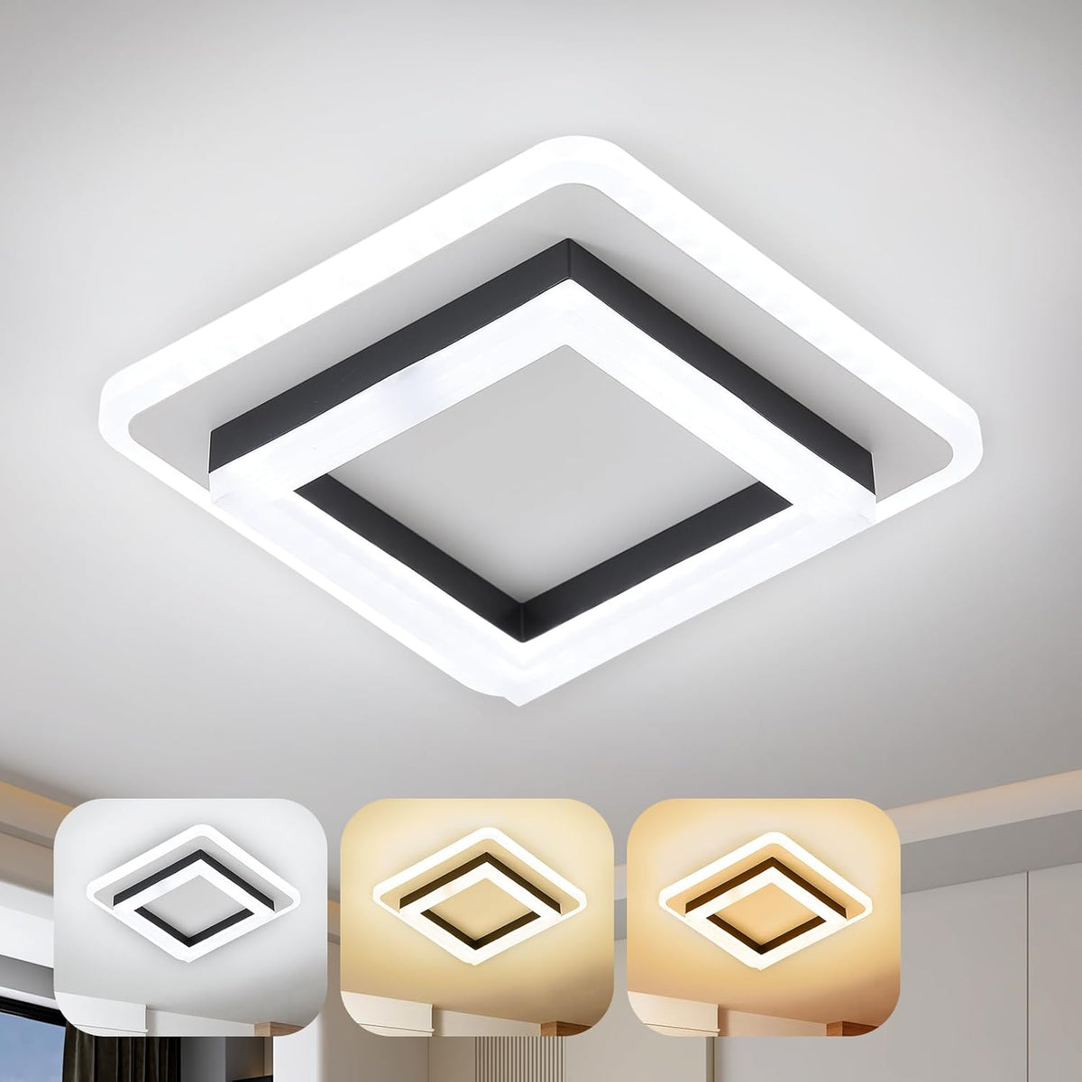 Dimmable Modern LED Ceiling Lights, Black | Acrylic, 18W 2160LM Square Living Room Ceiling Lamp with 3 Colors for Bedrooms Dining Room Hallway