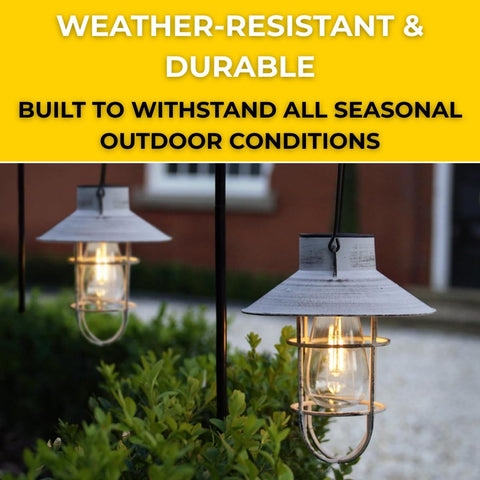 Festive Lights - 2 Pack of 71cm Grey Solar Fisherman Outdoor Stake Light with Hanging Lantern - Warm White Filament Effect LED, Antique Rustic Metal Look, IP44 Rated, Cage Finish, Integrated Panel