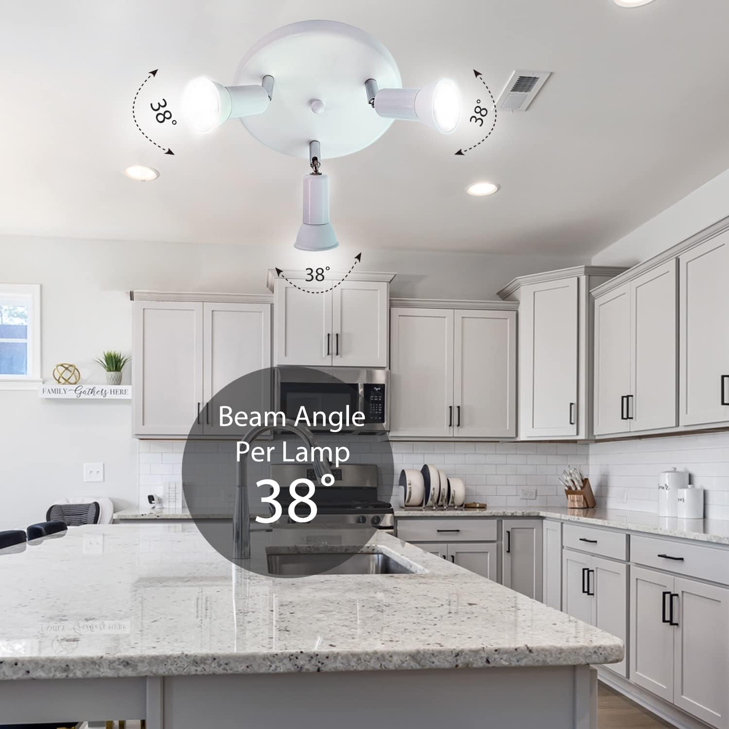 Modern kitchen with a ceiling light fixture labeled 'Beam Angle Per Lamp 38°'.