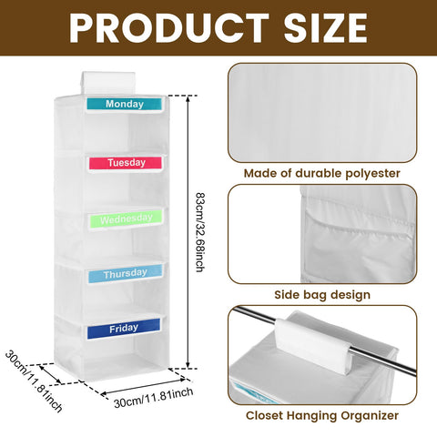 5- Shelf Weekly Clothes Organizer for Kids, Kids Daily Clothes Organiser, Day of Week Clothes Organiser ,Hanging Closet Organizer,Monday Through Friday Clothes Organizer for Hats T-Shirts (Grey)