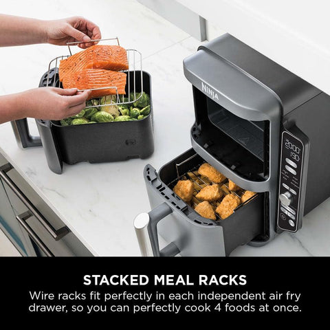 Double Stack XL Air Fryer with Dual Drawers, 9.5L Capacity, 6 Cooking Functions, 4 Levels, Space-Saving Design – Grey