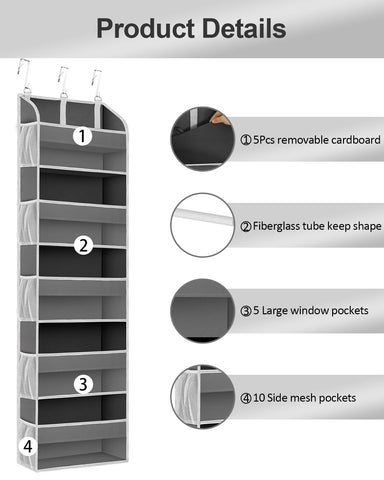 TAHAVICE Over The Door Storage Organiser, 5 Clear Window Pockets and 10 Mesh Side Pockets, Grey – Turn Unused Door Space into Smart Storage