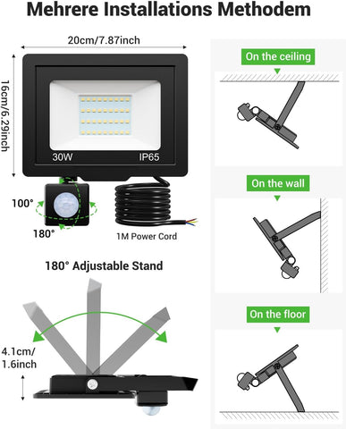 2 Pack Outdoor Security Lights 30W 3000LM PIR LED Floodlight IP65