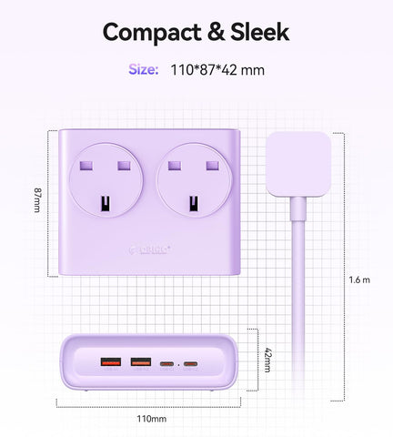 ORICO PD 25W Purple Extension Lead with 2 USB-C & 2 USB-A Ports, 2 AC Sockets and 1.6m Cable – A Smarter, Tidier Way to Power Your Everyday Essentials