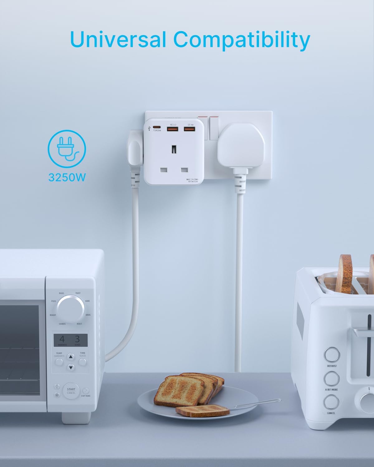 Universal compatibility adapter with multiple outlets and ports on a kitchen counter.