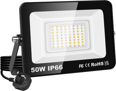 50W LED Flood Light, IP66 Waterproof Super Bright 5000LM Security Light, 3000K Warm White Outdoor Wall Light for Garden Yard Garage Patio Warehouse with UK Plug