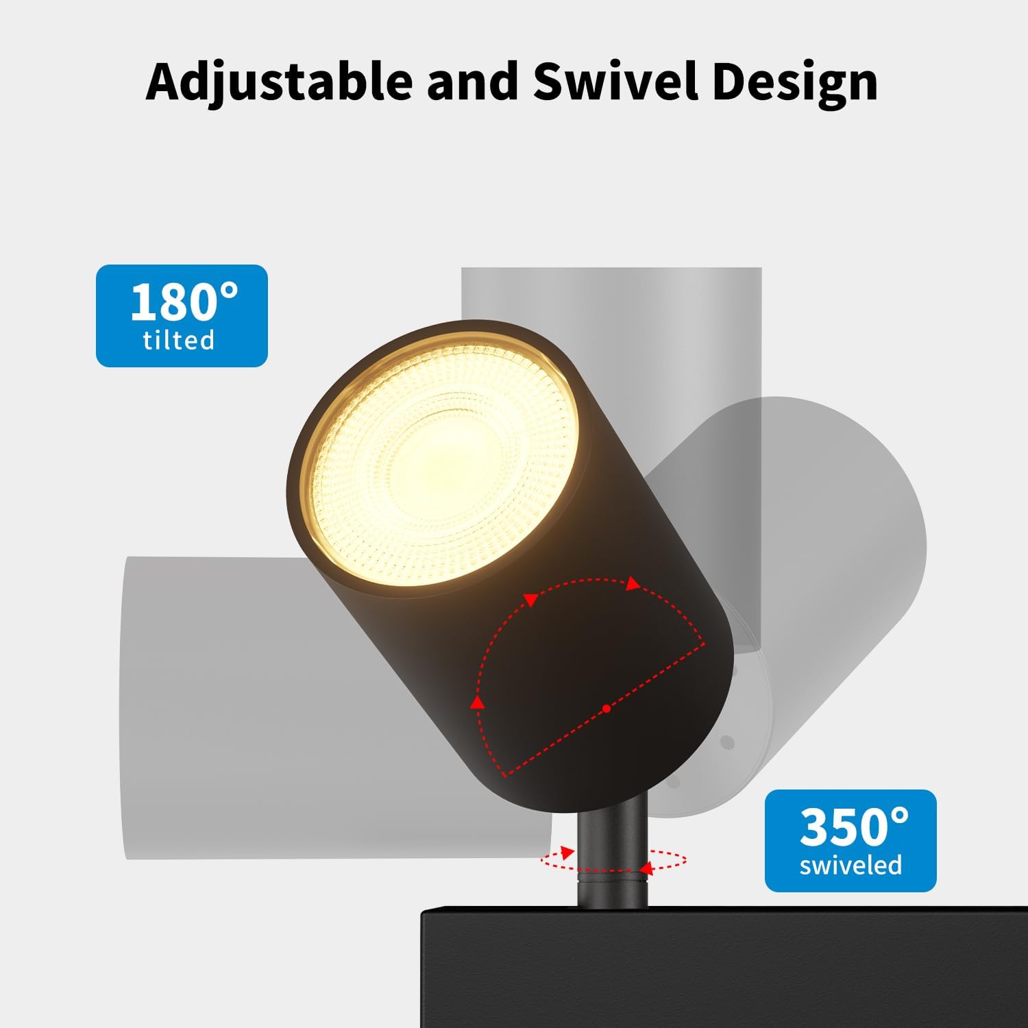 Adjustable and swivel design of a spotlight with labeled angles on a white background