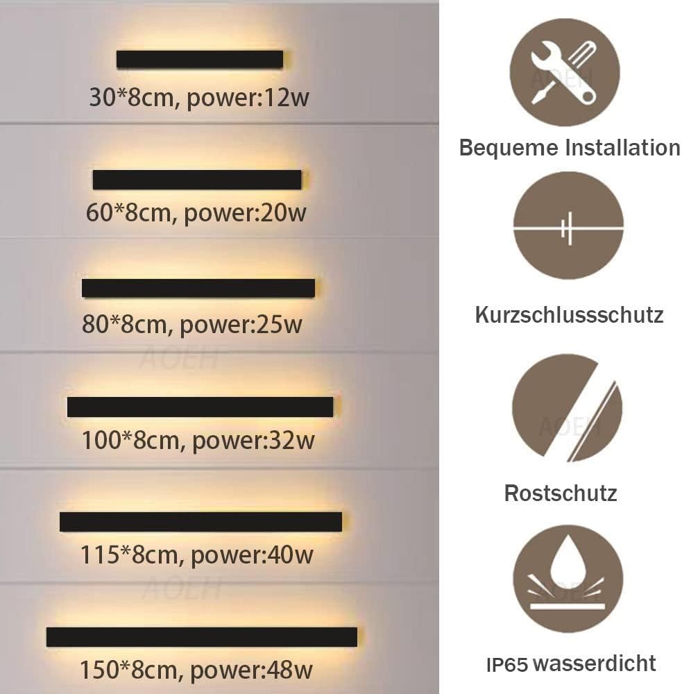 LED wall lights with dimensions and power ratings on a gray background, accompanied by installation and feature icons.