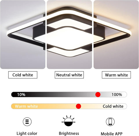 Ceiling light fixture with color temperature options and brightness control on a gray background