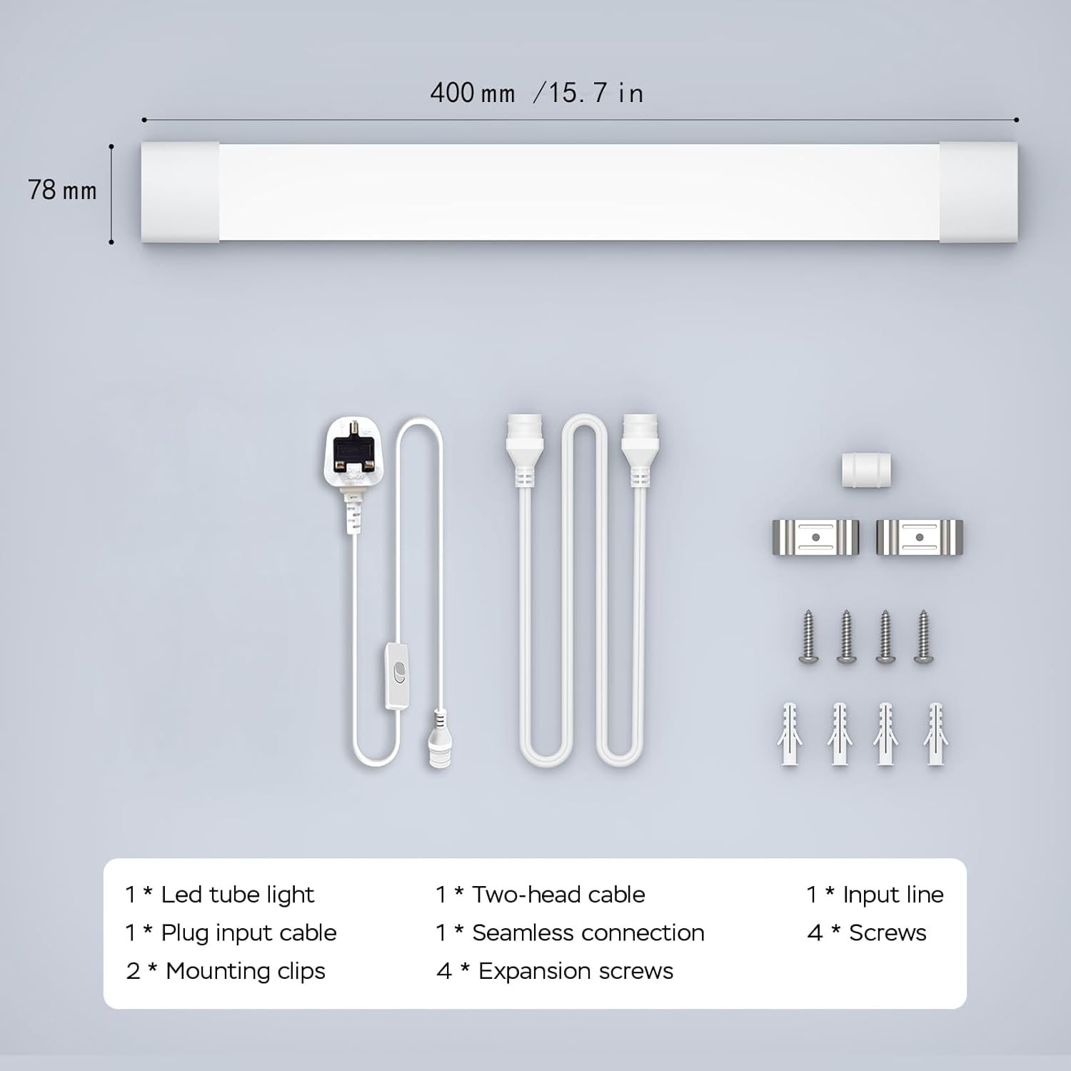 LED tube light components including light tube, cables, clips, and screws on a gray background with measurements.
