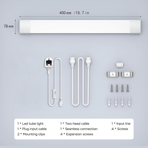 LED tube light components including light tube, cables, clips, and screws on a gray background with measurements.