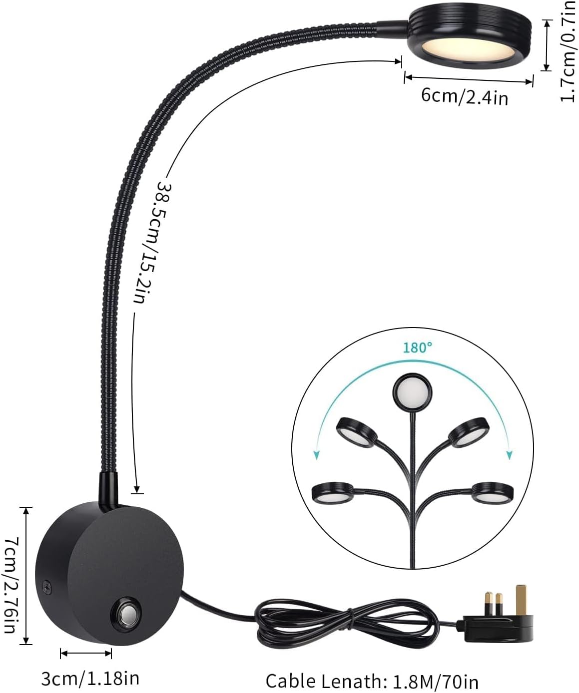 Black adjustable reading lamp with measurements on a white background