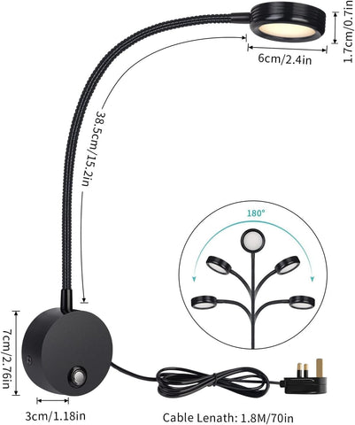 Black adjustable reading lamp with measurements on a white background