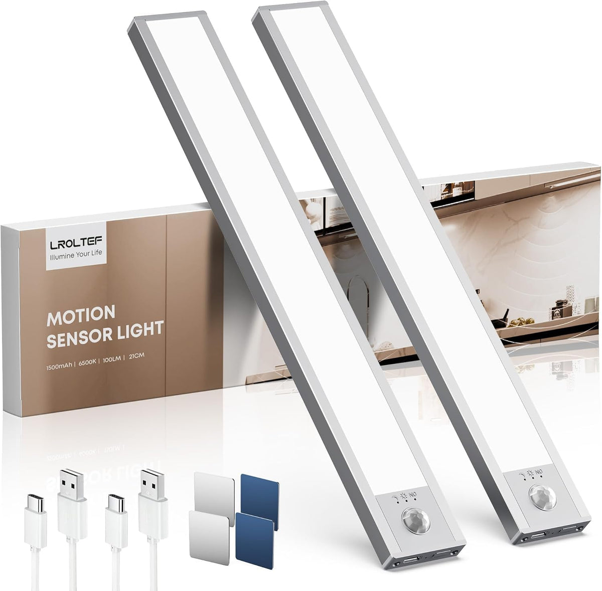 LROLTEF Under Cabinet Wardrobe Motion Sensor Lights Dimmable 21cm 1500mAh – Rechargeable LED Cupboard Lights for Kitchens, Bedrooms & Wardrobes - Light Up the Dark Corners You Keep Reaching For