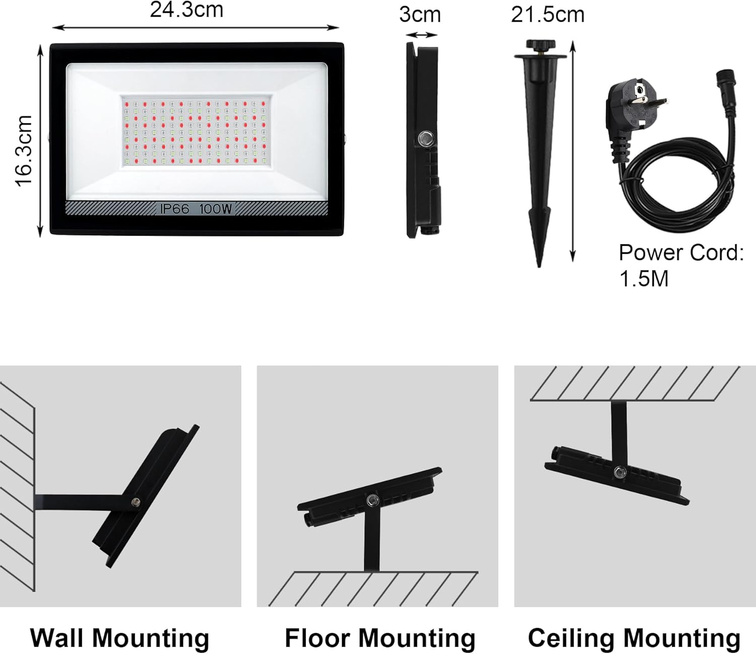 Technical specifications and mounting options of an LED light fixture.
