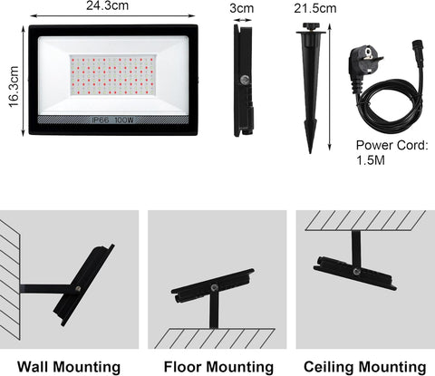 Technical specifications and mounting options of an LED light fixture.