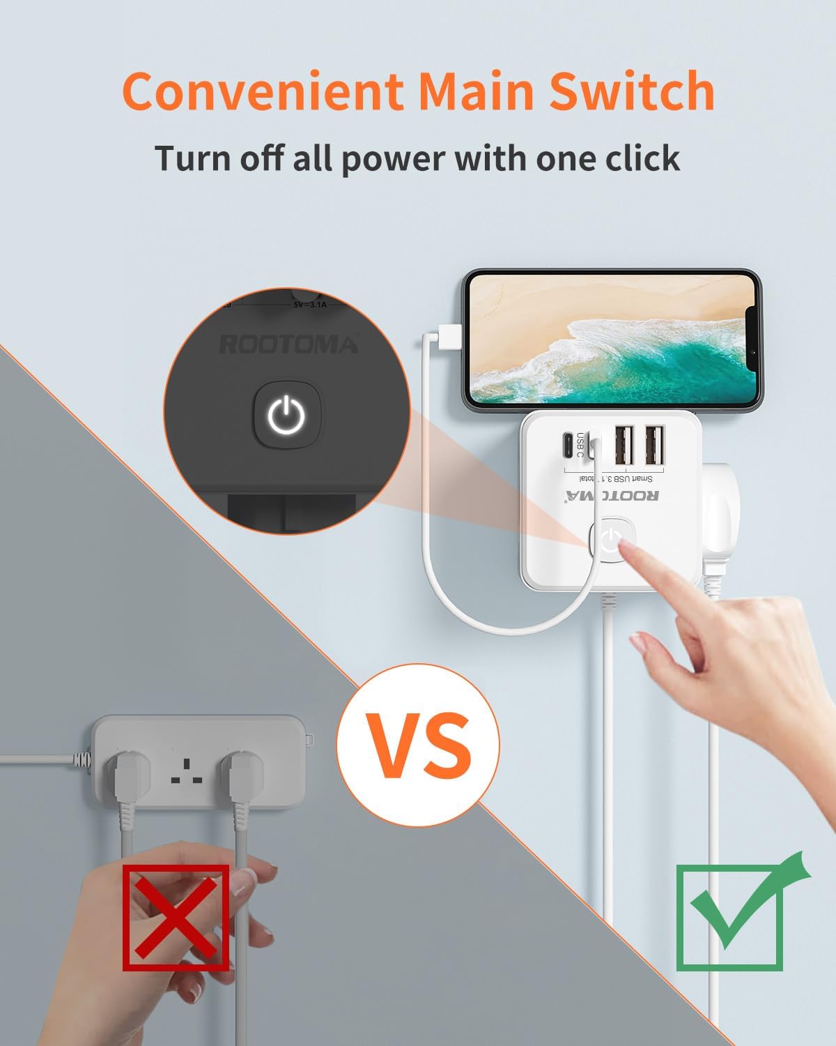 Smart power strip with main switch and phone showing power icon, labeled 'Convenient Main Switch'.