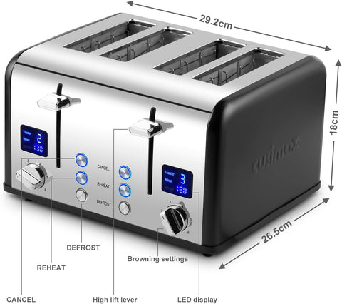 4 Slice Stainless Steel Toaster – Black | LED Display, Extra-Wide Slots, 6 Browning Settings, Defrost, Reheat & Cancel