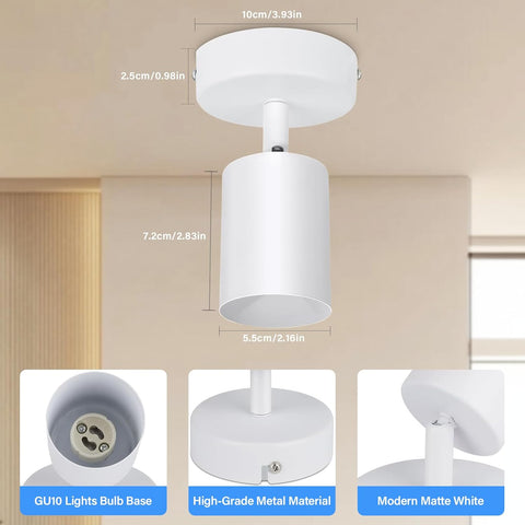 White ceiling light fixture with dimensions and material details on a neutral background