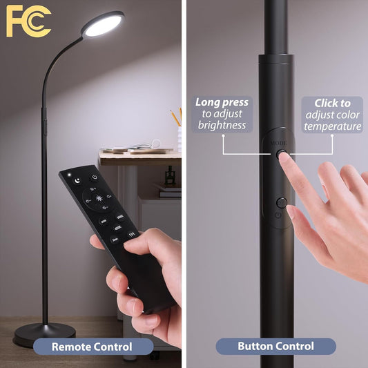 Floor Lamp, Super Bright Dimmable LED Lamps for Living Room, Custom Color Temperature Standing Lamp with Remote Push Button, Adjustable Gooseneck Reading Floor Lamp for Bedroom Office Black