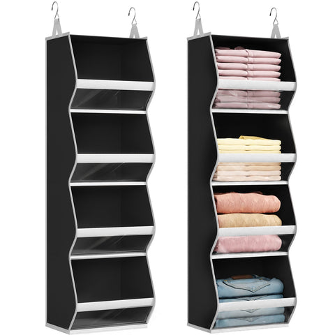 Lifewit 4-Tier Hanging Wardrobe Storage Organiser – Grey Foldable Closet Shelves with Clear PVC Window