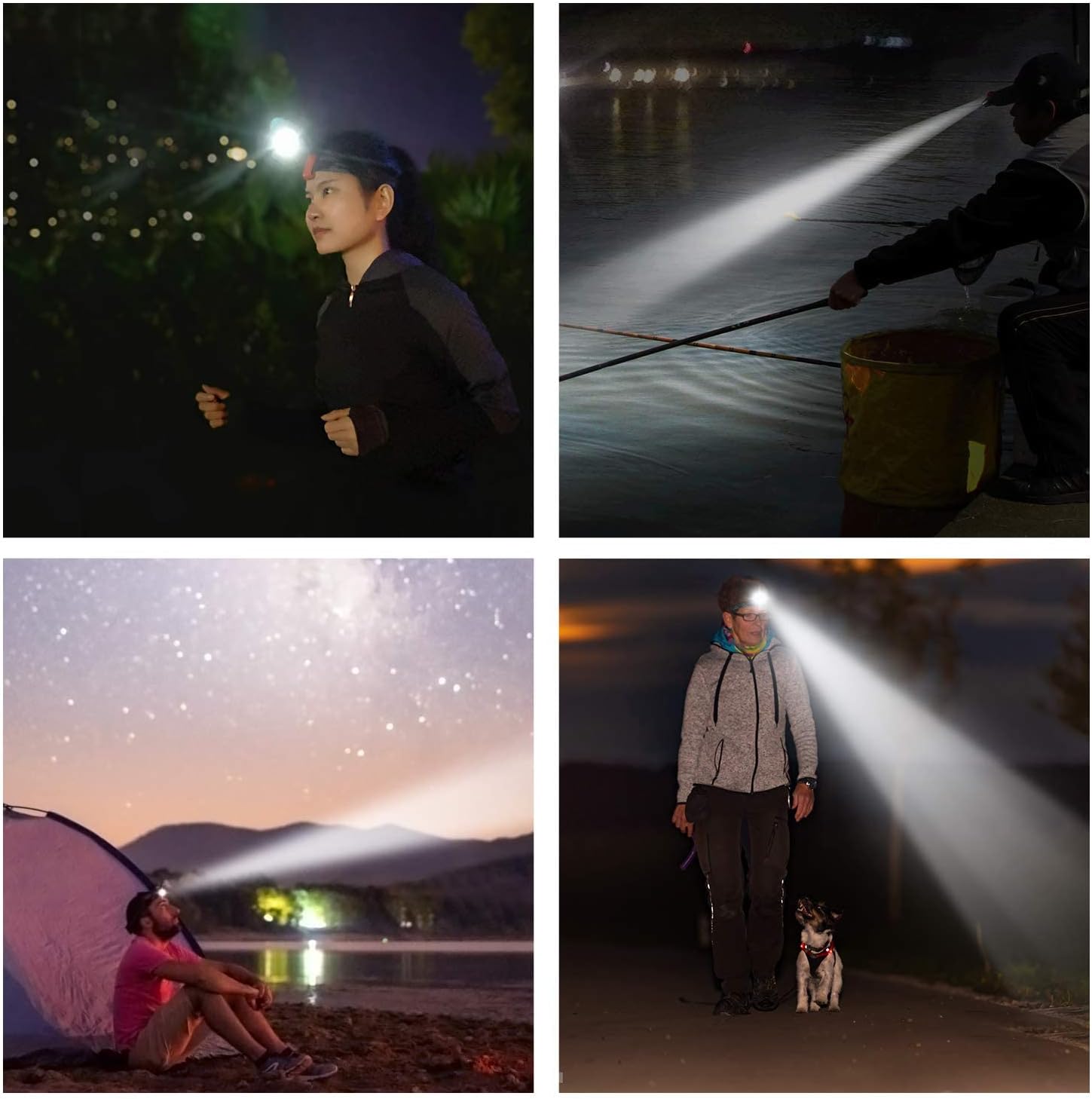 Collage of people using a flashlight in various outdoor settings.