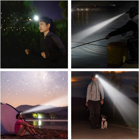 Collage of people using a flashlight in various outdoor settings.