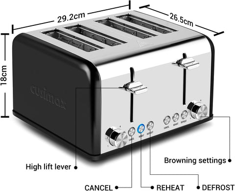 4 Slice Stainless Steel Toaster | Extra-Wide Slots, 6 Browning Levels, Defrost, Reheat & Cancel Functions, Removable Crumb Tray