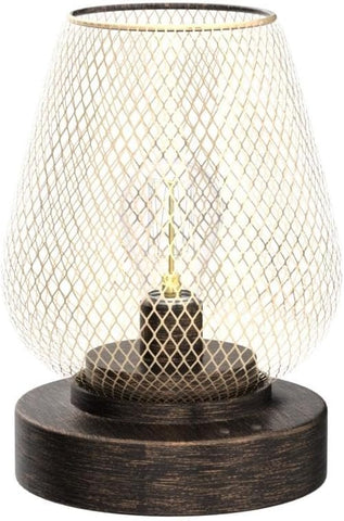 Table lamp with wooden base and mesh glass shade on a white background