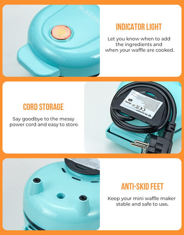 **Blazant Mini Waffle Maker – 4 Inch Nonstick Compact Waffle Iron, 550W, Portable Breakfast Chaffle & Snack Maker, Blue